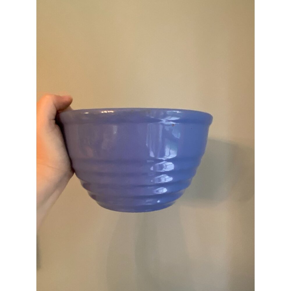 Vintage Blue Ceramic Mixing Bowl Ribbed Design 5" Tall 8.5" Diameter Kitchenware